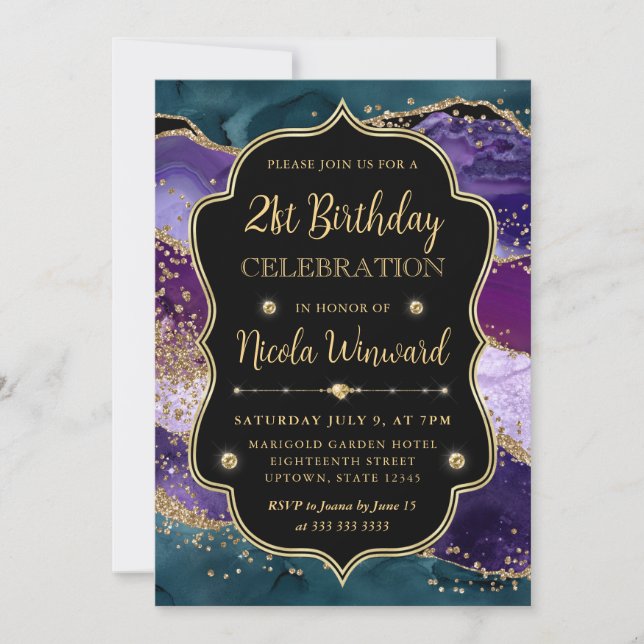 Invitation Turquoise, violet et or Parties scintillant Agate  (Devant)