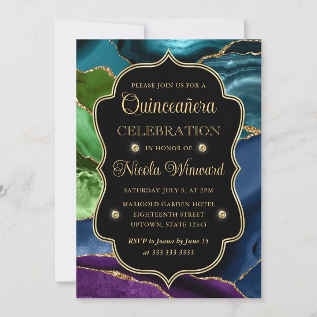 Invitation Turquoise, violet et or Parties scintillant Agate  (Devant)