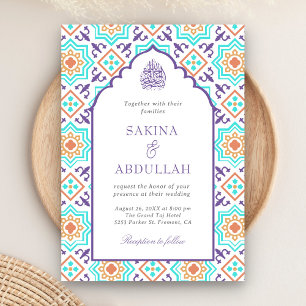 Invitation Turquoise violet perse mosaïque QR Code Mariage mu