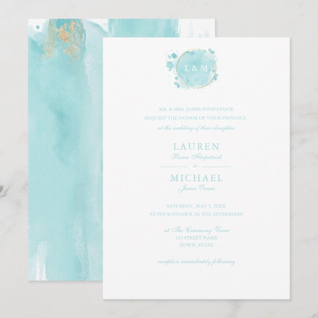 Invitation Turquoise Watercolor (Devant / Derrière)