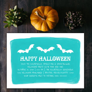 Invitation Turquoise White Watercolor chauves Halloween