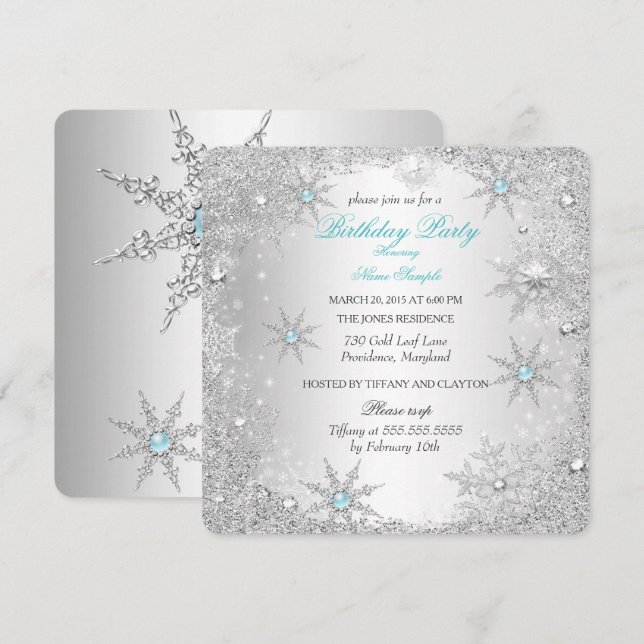 Invitation Turquoise Winter Wonderland fête d'anniversaire (Devant / Derrière)