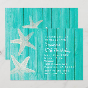 Invitation Turquoise Wood & Starfish Beach Élégante invitatio