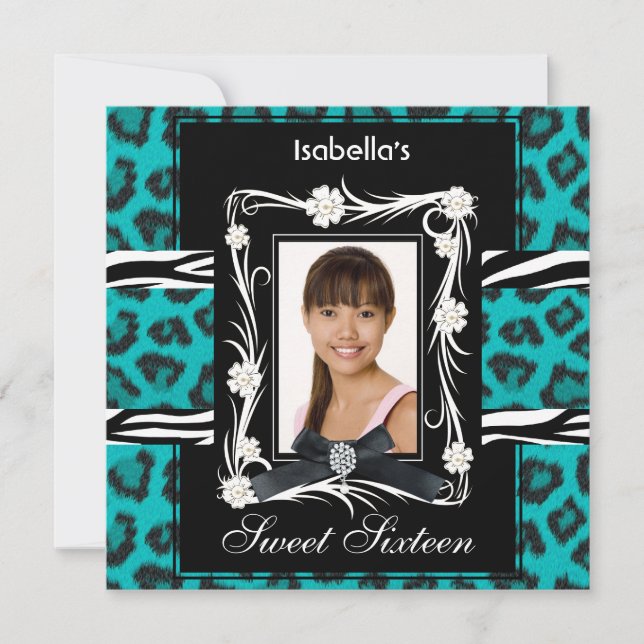 Invitation Turquoise Zebra Leopard Sweet sixteen 16 noir blan (Devant)