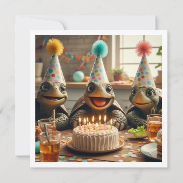 Invitation Turtles celebrating birthday with cake and hats (Devant)