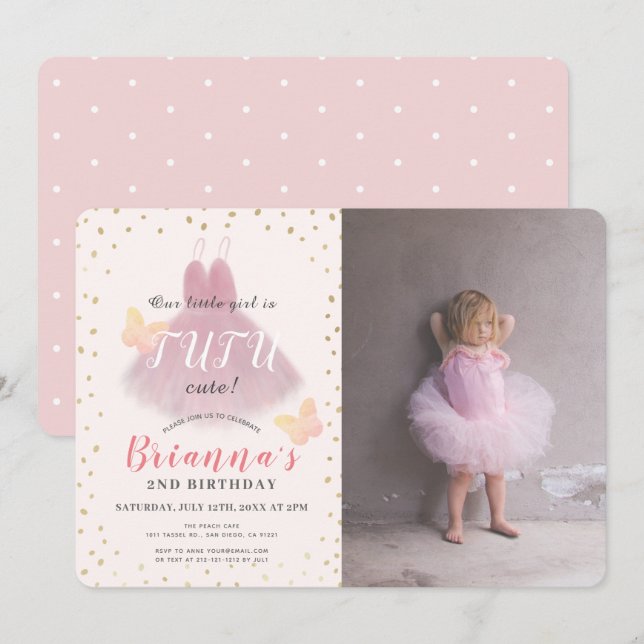 Invitation Tutu Cute Ballerina Pink & Gold Photo 2e anniversa (Devant / Derrière)