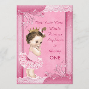 Invitation Tutu Cute Brunette Princesse 1er Anniversaire Faux
