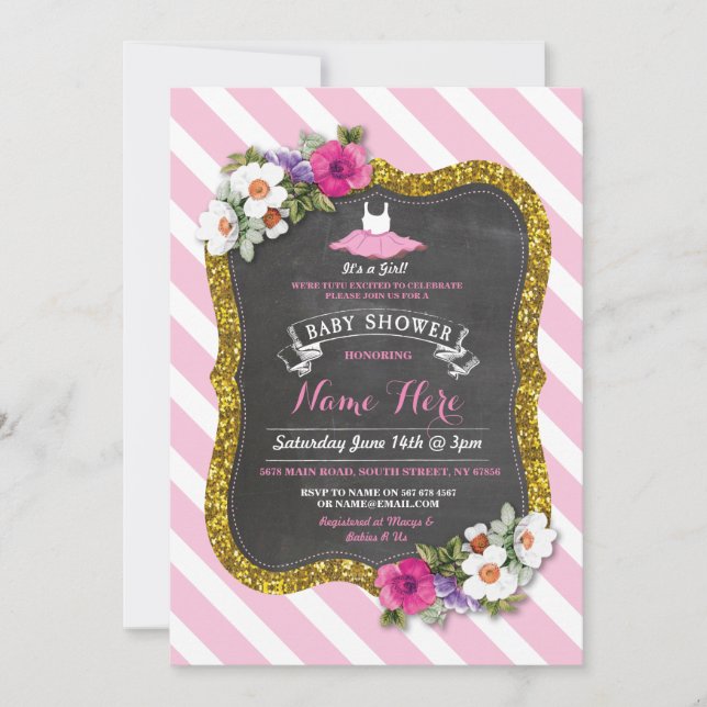 Invitation Tutu mignonne fille Rose Baby shower de ballet ros (Devant)