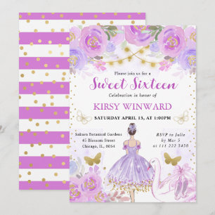 Invitation Tutu Violet Danseuse Cheveux Bruns Ballerine Douze