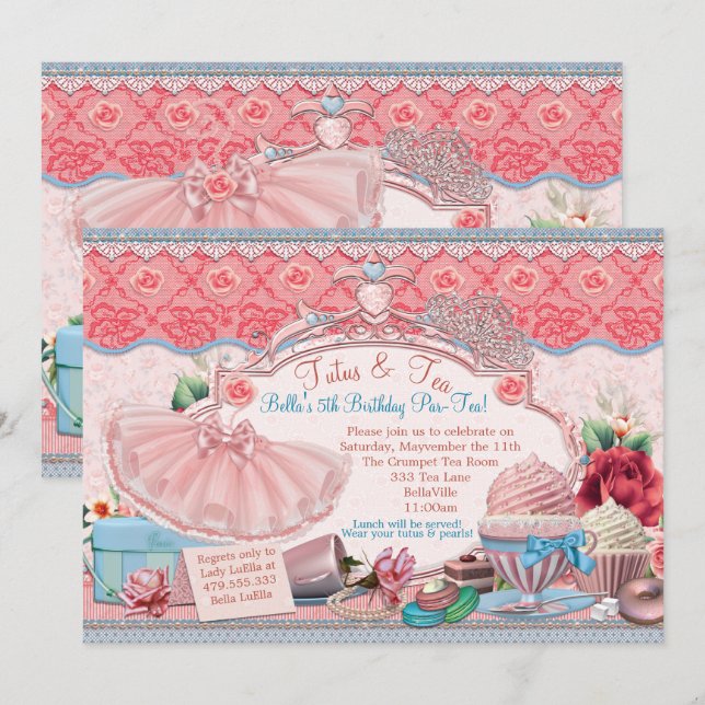 Invitation Tutus et Tea Party filles se dégustent (Devant / Derrière)