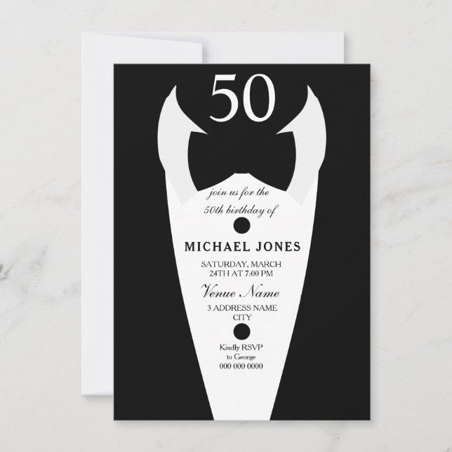 Invitation Tuxedo Bow Cravate Mens 50e anniversaire Invitatio (Devant)