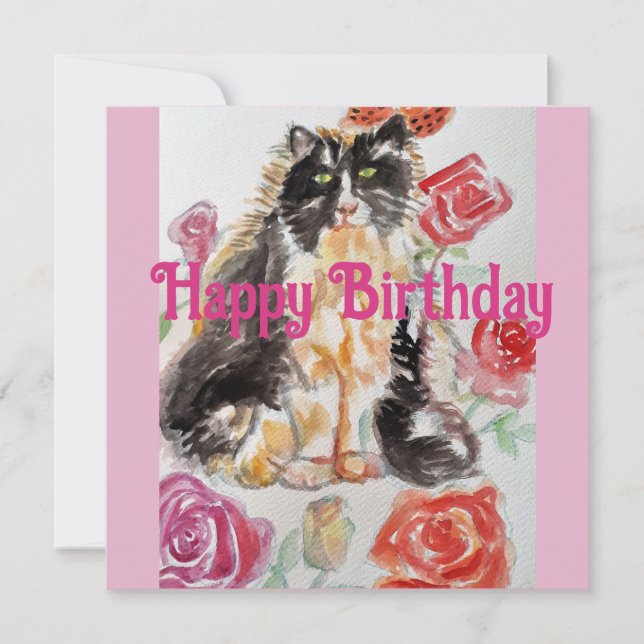 Invitation Tuxedo Chat Cute Rose Fleurs Chats Aquarelle Rose (Devant)