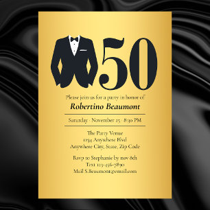 Invitation Tuxedo Élégant Homme Noir Or 50e Anniversaire