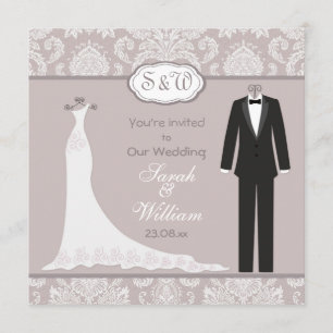 Invitation Tuxedo & Gown sur mariage damassé gris rose