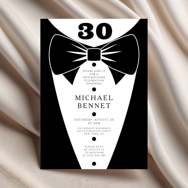 Invitation Tuxedo noir élégant 30 ans (Elegant Black Tuxedo 30th Birthday.)