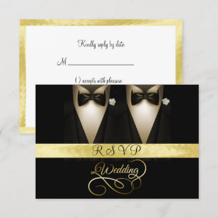 Invitation Tuxedo, Rose Blanche Or & Noir Mariage RSVP