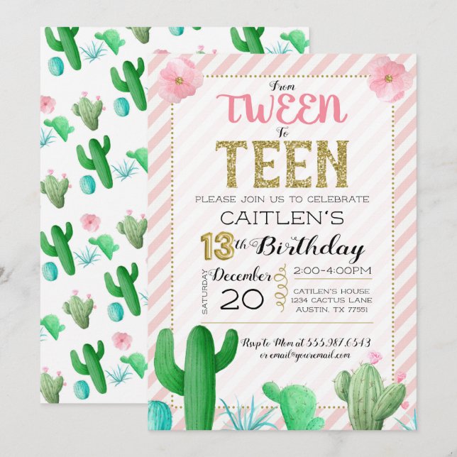Invitation Tween À L'Ado Cactus Boho Anniversaire (Devant / Derrière)