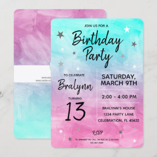 Invitation Tween Fille Anniversaire Fête Design aquarelle