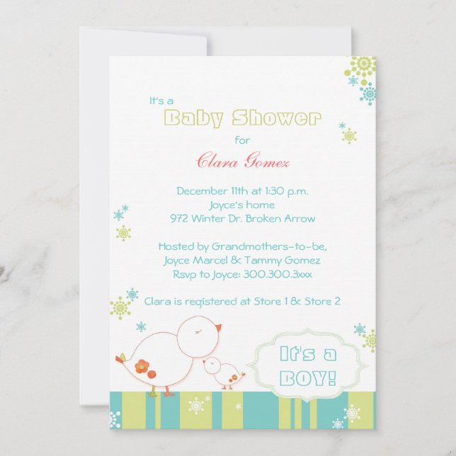 Invitation Tweet Tweet Oiseaux d'hiver Bébé Garçon Douche (Devant)