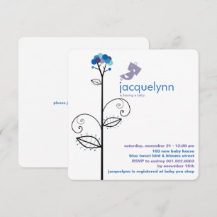 Invitation Tweeter Oiseau Bleu Fleur Points Arbre Baby shower