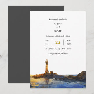 Invitation Twilight Rocky Lighthouse Watercolor Beach Mariage