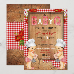 Invitation Twin Baby Boys Red En vichy Wood Baby Q Barbecue