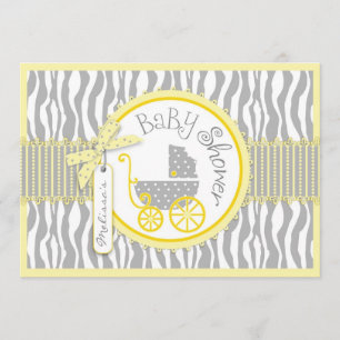 Invitation TWIN Baby Carriage, Zebra Print Yellow Baby shower