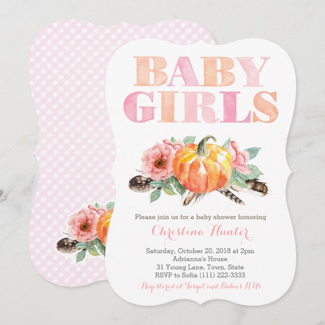 Invitation Twin Baby Girls Citrouille Free Spirit Baby shower (Devant / Derrière)