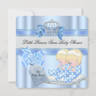 Invitation Twin Baby shower Boys Blue Little Prince Crown 3D