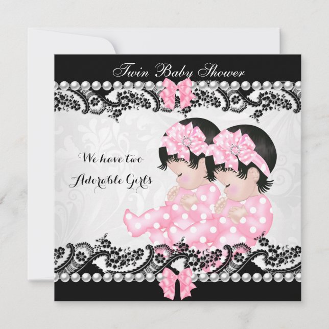 Invitation Twin Baby shower mignonne filles rose (Devant)
