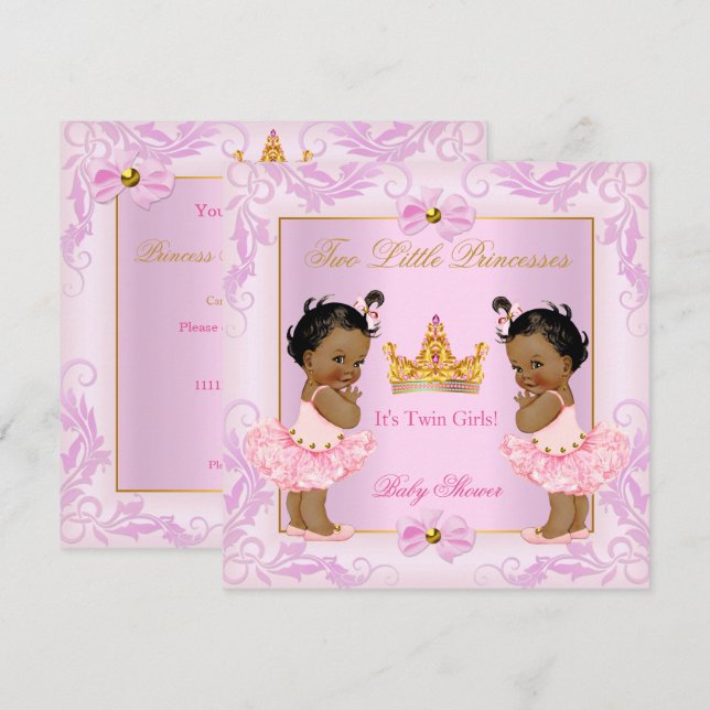 Invitation Twin Baby shower Princess Tiara Girl Pink Ethnic (Devant / Derrière)
