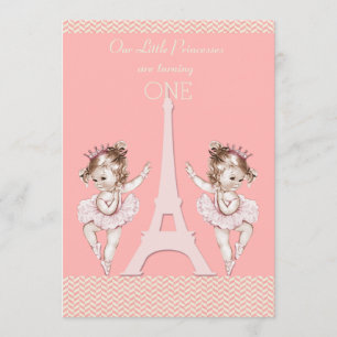 Invitation Twin Ballerinas Tour Eiffel Chevrons 1er anniversa