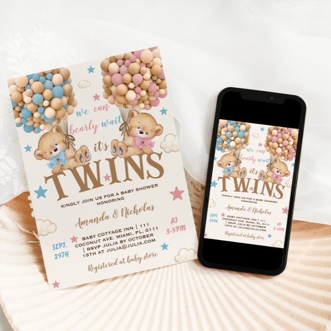 Invitation Twin Bears Boy Girl Stars & Balloons Baby shower (Créateur téléchargé)