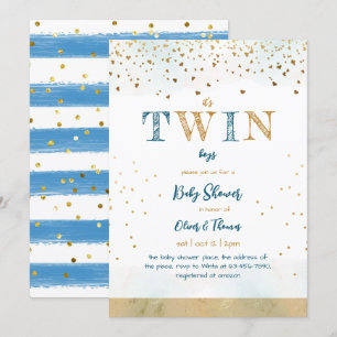 Invitation Twin Blue Gold Parties scintillant Simple bébé gar