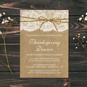 Invitation Twin Bow Sur Kraft & Lace Thanksgiving Dîner