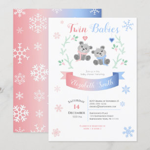 Invitation Twin boy and girl Cute bears Winter Shower