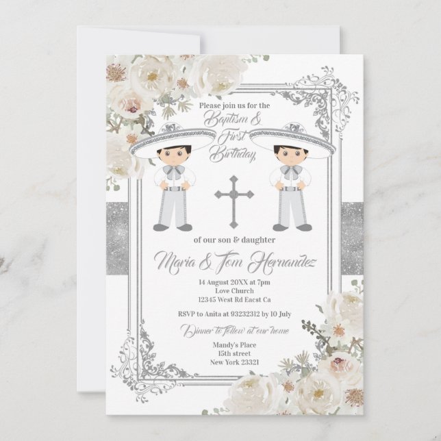Invitation Twin Boy Argent Mexicain Baptême Anniversaire Flor (Devant)