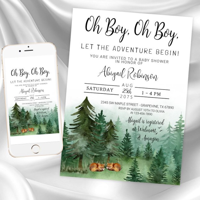 Invitation Twin Boy Fox Woodland Oh Boy Baby shower (Boy twin fox woodland baby shower invitation. Instant download and printed invitations available.)