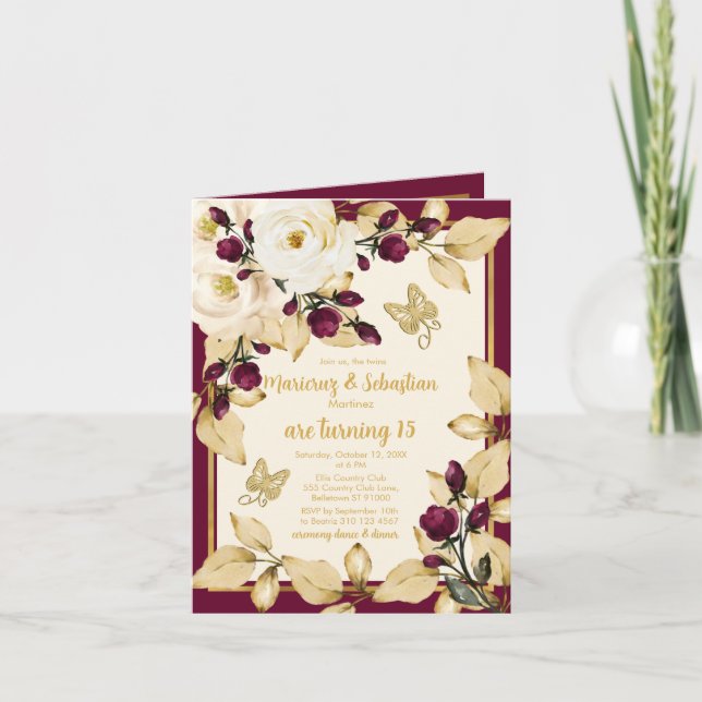Invitation Twin Boy Girl 15 Anniversaire Champagne Bourgogne  (Devant)