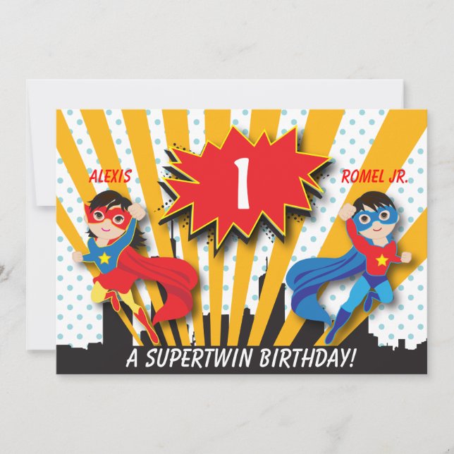 Invitation Twin Boy Girl Superhero Anniversaire (Devant)
