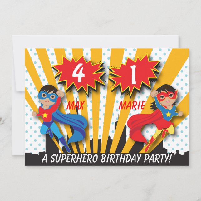 Invitation Twin Boy Girl Superhero Anniversaire (Devant)