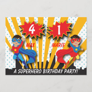 Invitation Twin Boy Girl Superhero Anniversaire