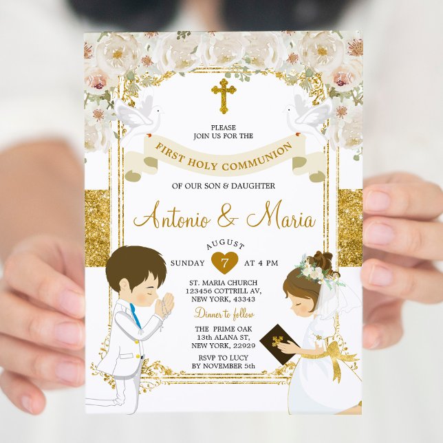 Invitation Twin Boy & Girl White Flower 1ère Sainte Communion (Créateur téléchargé)