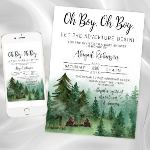 Invitation Twin Boy Woodland Bear Oh Boy Baby shower