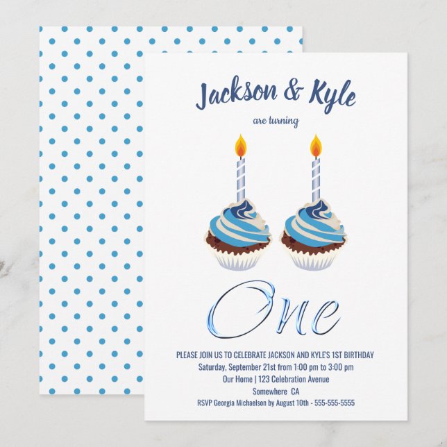 Invitation Twin Boys 1er anniversaire Blue Cupcake Party (Devant / Derrière)