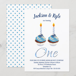 Invitation Twin Boys 1er anniversaire Blue Cupcake Party