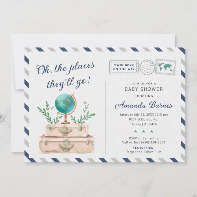 Invitation Twin Boys Airline Travel Baby shower Suitcase Chic (Devant)