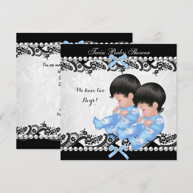 Invitation Twin Boys Baby shower Cute Boy Blue (Devant / Derrière)