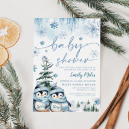 Invitation Twin Boys Baby shower Winter Penguin Blue
