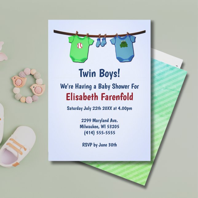 Invitation Twin Boys Close Line Baby shower bleu et vert (Twin Boys Close Line Blue & Green Baby Shower Invitation)